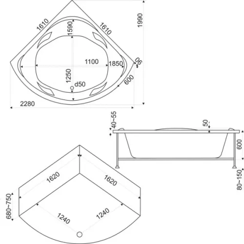 Ванна  акриловая  BAS Ривьера 161*161, Комплектация: гидромассаж, изображение 4
