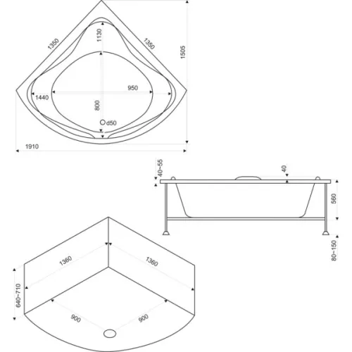 Ванна акриловая  BAS Риола 135*135, Комплектация: гидромассаж, изображение 4