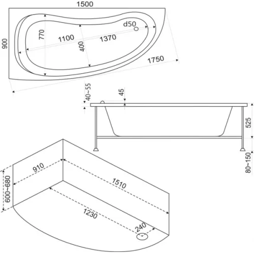 Ванна акриловая  BAS Алегра 150*90, Ориентация: Левая, Комплектация: без гидромассажа, изображение 2