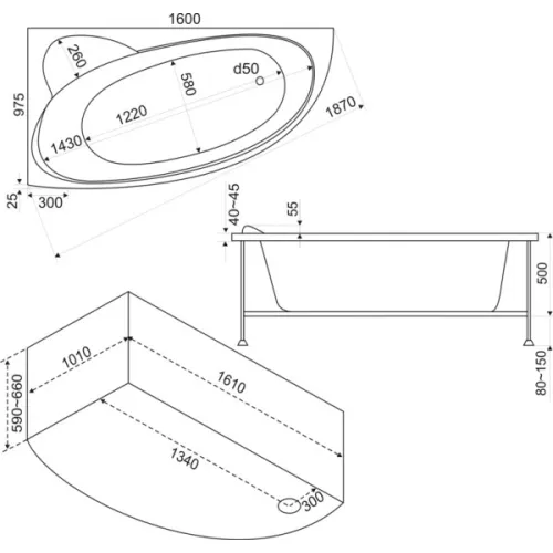 Ванна акриловая  BAS Сагра 160*100  L/R  с г/м, Комплектация: гидромассаж, Ориентация: Левая, изображение 4