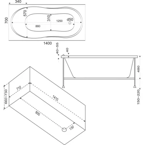 Ванна акриловая  BAS Тесса 140*70, Комплектация: гидромассаж, изображение 4