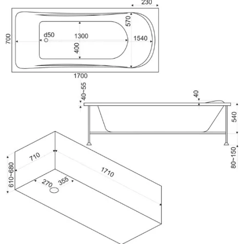 Ванна акриловая  BAS Атланта 170*70, Комплектация: без гидромассажа, изображение 3