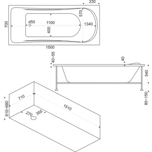 Ванна акриловая  BAS Верона 150*70, Комплектация: без гидромассажа, изображение 3