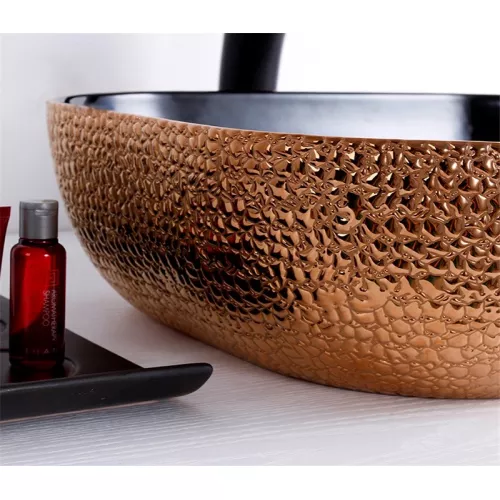 Раковина накладная прямоугольная CeramaLux LuxeLine  D1302H, Выбрать цвет: Черный/медь, изображение 3