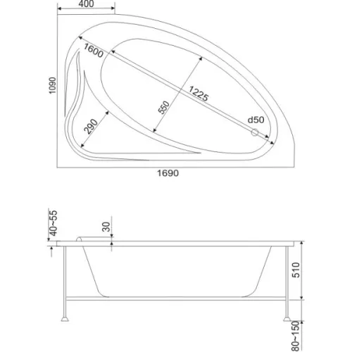 Ванна акриловая  BAS  МИЛАН 1695*1095 L/R, Ориентация: левая, Комплектация: без гидромассажа, изображение 2