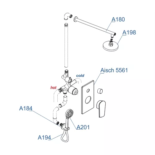 Встраиваемый комплект для ванны с верхней душевой насадкой, лейкой и изливом WasserKRAFT  A55201, изображение 3