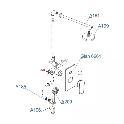 Встраиваемый комплект с верхней душевой насадкой, лейкой и изливом WasserKRAFT  A66209, изображение 3