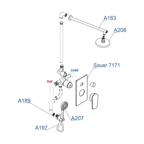 Встраиваемый комплект для ванны с верхней душевой насадкой, лейкой и изливом WasserKRAFT  A71207, изображение 3