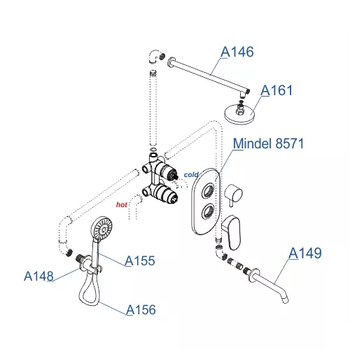 Встраиваемый комплект для ванны с верхней душевой насадкой, лейкой и изливом  WasserKRAFT  A85161, изображение 3