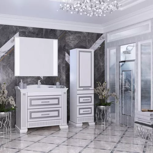 Мебель для ванной: Тумба с раковиной напольная Opadiris ОНИКС 100 Белый глянцевый с серебряной патиной 1 в магазине Акватория