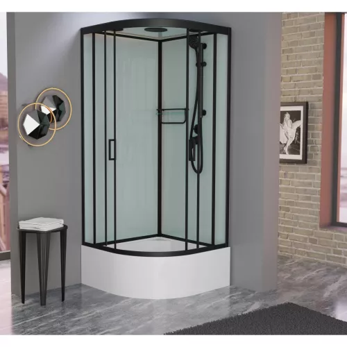 Душевая кабина Frank F409/2 Black высокий поддон, Цвет стекла: прозрачное, Цвет профиля: Черный, Тип поддона: Высокий, Выбрать размер: 90х90, Внешний вид: с крышей, изображение 2