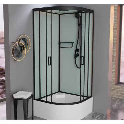 Душевая кабина Frank F409/2 Black высокий поддон, Цвет стекла: прозрачное, Цвет профиля: Черный, Тип поддона: Высокий, Выбрать размер: 90х90, Внешний вид: с крышей, изображение 3