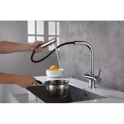 Смеситель для кухни с подключением фильтра и выдвижной лейкой Timo Saona 2356/00FL, Выбрать цвет: Хром, изображение 3