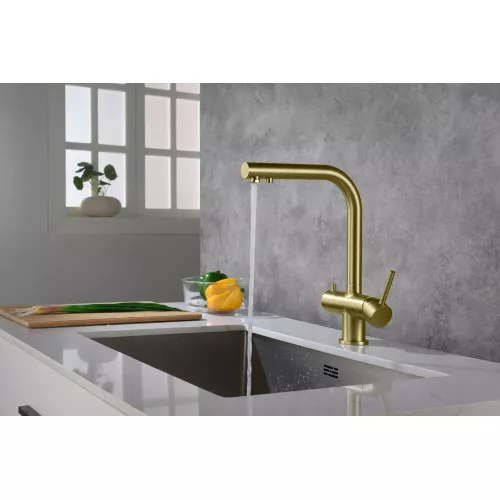 Смеситель для кухни с подключением фильтра и выдвижной лейкой Timo Saona 2356/17FL, Выбрать цвет: Золото, изображение 3