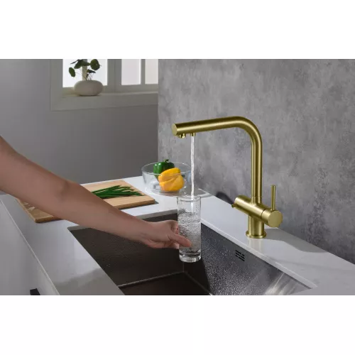 Смеситель для кухни с подключением фильтра и выдвижной лейкой Timo Saona 2356/17FL, Выбрать цвет: Золото, изображение 4