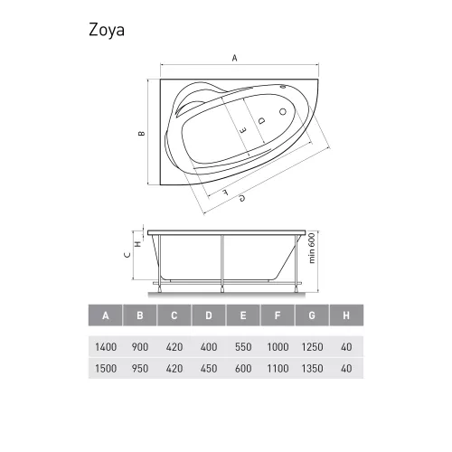 Ванна  акриловая Relisan Zoya 140*90 / 150*95 L/R, Выбрать размер: 140х90, Ориентация: левая, изображение 5