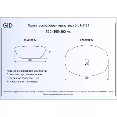 Накладная белая раковина для ванной Gid N9137, изображение 2