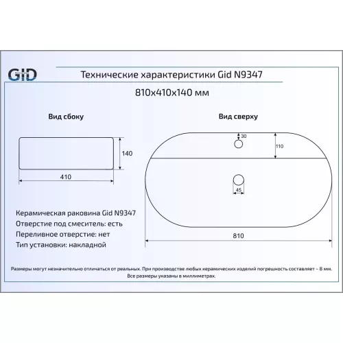 Накладная белая раковина для ванной Gid N9347, изображение 3