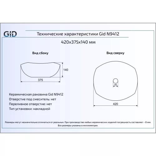 Накладная белая раковина для ванной Gid N9412, изображение 3