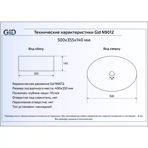 Накладная белая раковина для ванной Gid N9012, изображение 2