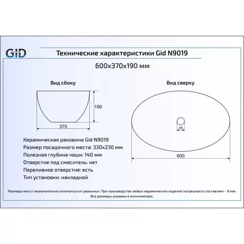 Накладная белая раковина для ванной Gid N9019, изображение 4
