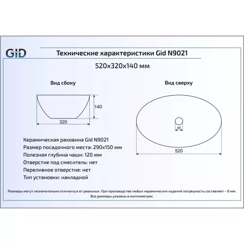 Накладная белая раковина для ванной Gid N9021, изображение 4