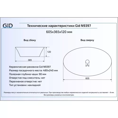 Накладная белая раковина для ванной Gid N9397, изображение 4