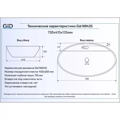Накладная белая раковина для ванной Gid N9435, изображение 4