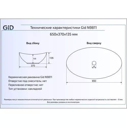 Накладная овальная раковина для ванной Gid Gd9811, Выбрать цвет: Золото, изображение 3