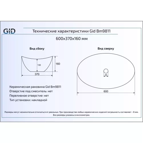Накладная овальная раковина для ванной Gid Bm9811, Выбрать цвет: Черный матовый, изображение 3