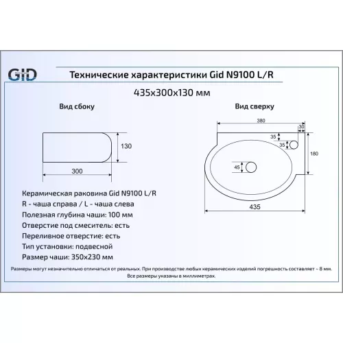 Подвесная белая раковина для ванной  Gid N9100R, изображение 3