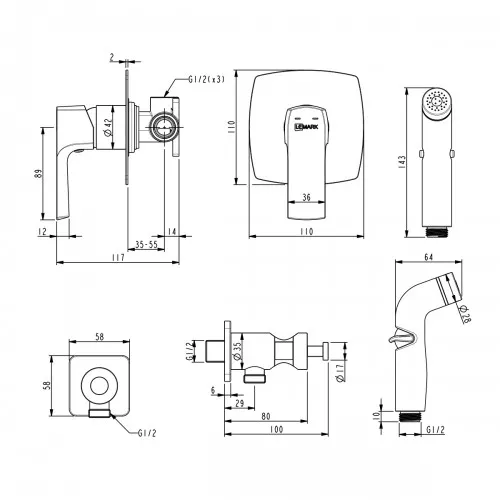 Смеситель Lemark Ursus LM7219BL с гигиеническим душем, встраиваемый, изображение 2