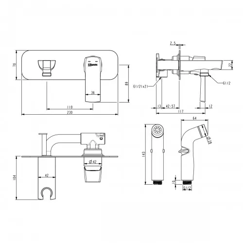 Смеситель Lemark Ursus LM7220BL с гигиеническим душем, встраиваемый, изображение 2