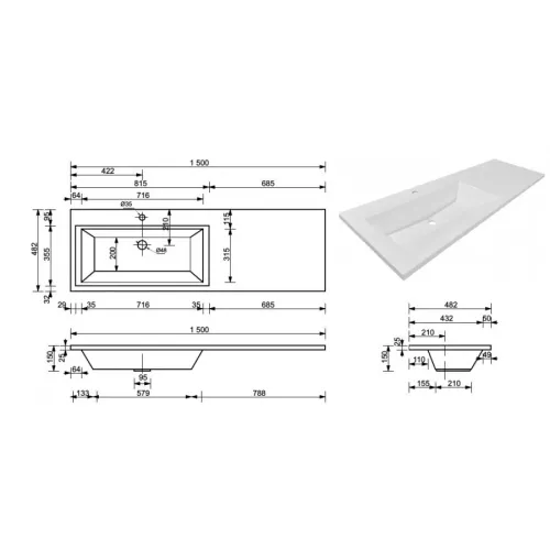 Тумба напольная 2 ящика Style Line с раковиной  Даллас левая/правая, Выбрать размер: 150, изображение 5