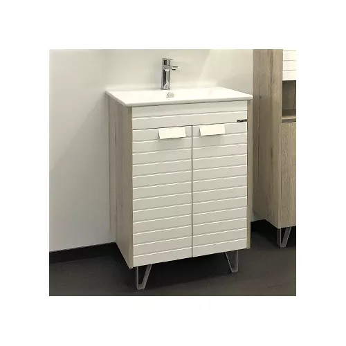 COMFORTY. Тумба-умывальник "Клеон-60Н/75Н/90Н" напольная  белый/дуб дымчатый с раковиной, Выбрать размер: 60, Выбрать цвет: Дуб дымчатый, Комплектация: раковина Quadro 60