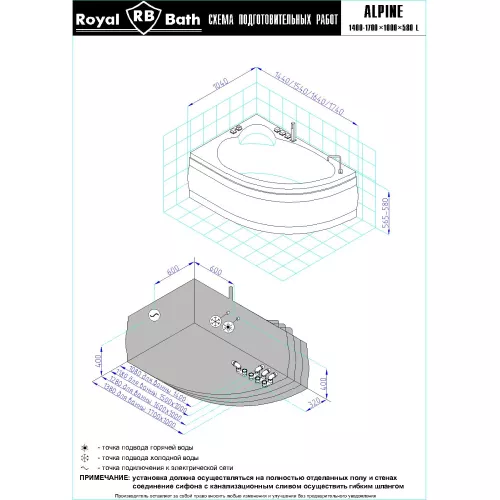 Гидромассажная ванна Royal Bath  ALPINE STANDART, Выбрать размер: 140x95, Ориентация: левая, изображение 3
