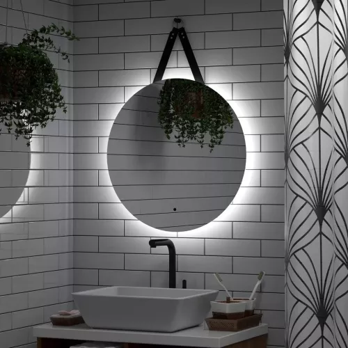 Мебель для ванной: Зеркало ACWEN "Best Led" D650 на ремне из натуральной кожи черного цвета с бесконтактным сенсором 1 в магазине Акватория