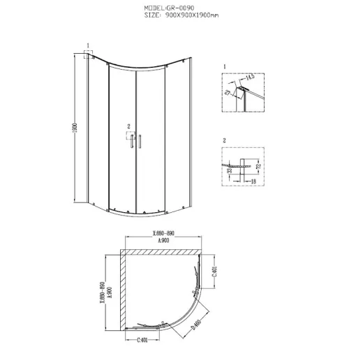 Душ.ограждение GR-0090 Classic 90*90*190 полукруг, двери раздвижные, изображение 8