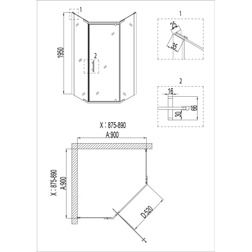 Душевое  ограждение  NG-6605-08  трапеция, дверь распашная, без поддона 90*90, изображение 5
