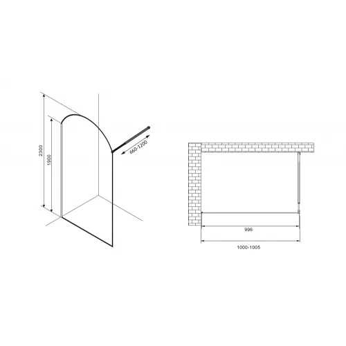Душевая перегородка ABBER Immer Offen (толщина 8мм), Цвет профиля: Черный, Выбрать цвет: прозрачное, Выбрать размер: 100, изображение 3