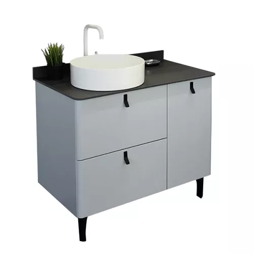 Мебель для ванной: Тумба-умывальник Comforty Сорренто-90Н светло-серый с черной столешницей c раковиной Comforty 9110 1 в магазине Акватория