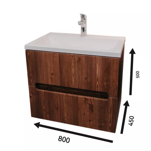 Тумба  подвесная ACWEN TORNO 80  дуб горизонт с раковиной Слим 80, Выбрать цвет: Дуб горизонт темный, Выбрать размер: 80, Внешний вид: с белой раковиной, изображение 7