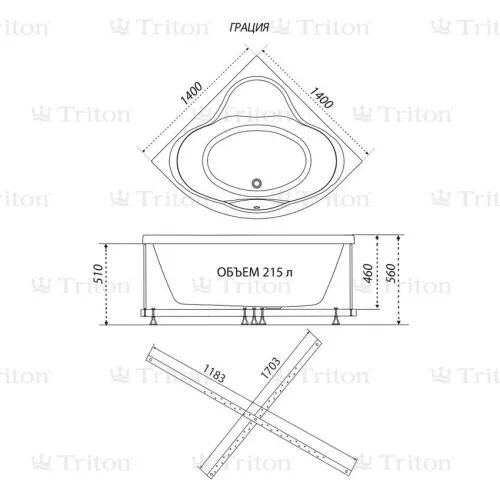 Ванна акриловая  Triton Грация  угловая 140х140, изображение 8
