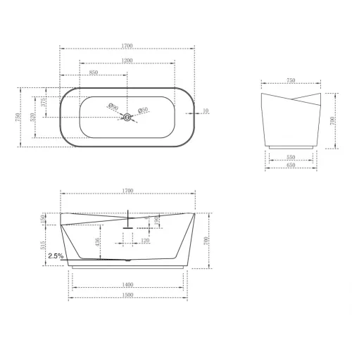 Ванна из искусственного камня ABBER Stein AS9609 белая матовая 170*75, изображение 5