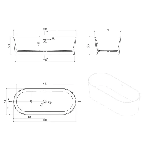 Ванна из искусственного камня ABBER Stein AS9614 белая матовая 180*75, изображение 6