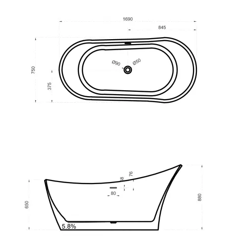 Ванна из искусственного камня ABBER Stein AS9618 белая матовая 170*75, изображение 4