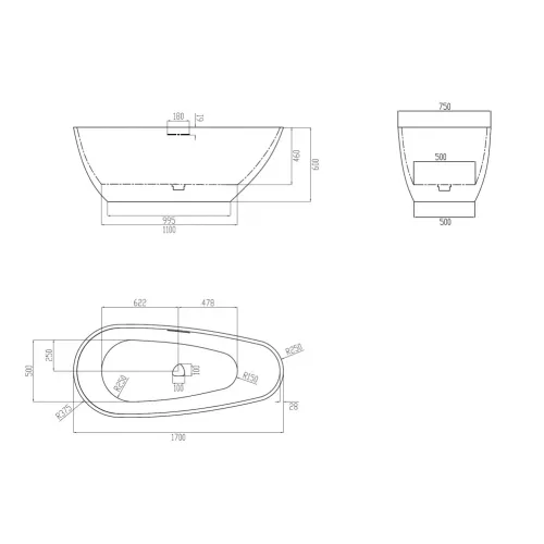 Ванна из искусственного камня ABBER Dortmund 170х75 черно-белая матовая, Выбрать цвет: Черный / Белый, изображение 4