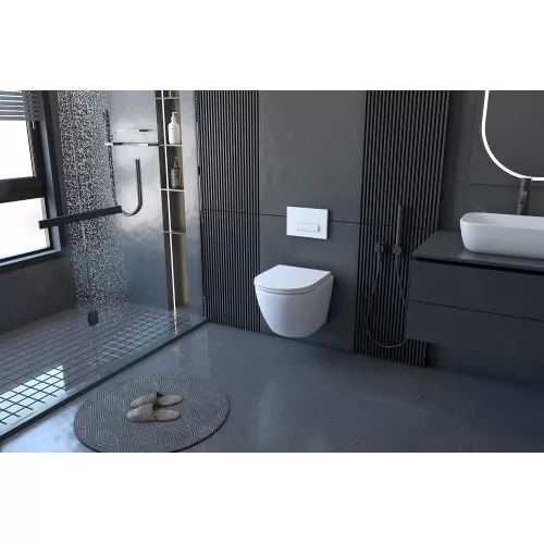 Комплект подвесной унитаз ABBER Bequem AC1100 белый с инсталляцией AC0105 и кнопкой AC0120 хром, Выбрать цвет: Белый, Внешний вид: квадратная кнопка, изображение 2