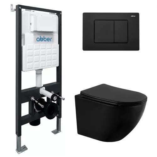 Комплект подвесной унитаз ABBER Bequem AC1100MB черный матовый с инсталляцией AC0105 и кнопкой AC0120MB черная матовая, Выбрать цвет: Чёрный, Внешний вид: квадратная кнопка