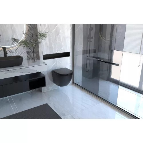 Комплект подвесной унитаз ABBER Bequem AC1100MB черный матовый с инсталляцией AC0105 и кнопкой AC0120MB черная матовая, Выбрать цвет: Чёрный, Внешний вид: квадратная кнопка, изображение 2